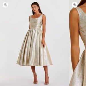 Mac Duggal Gold Sparkly Square Neck Sleeveless A Line Dress